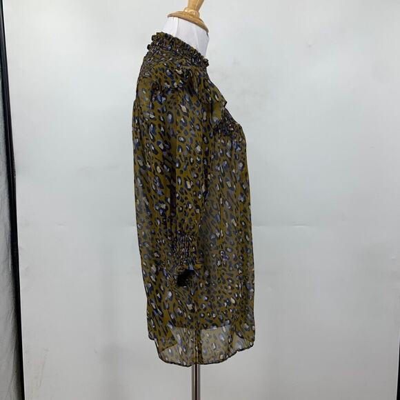 Cotton Chicks Blouse Womens S Small Multi Semi Sheer Smocked Puff Sleeve Leopard - Picture 5 of 14
